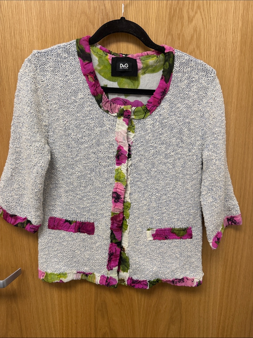 Dolce & Gabbanna D&G Gray Tweed Cardigan with Pink and Green Floral Trim